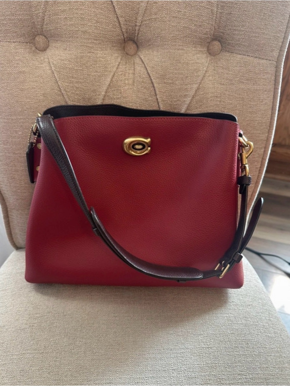 Coach Red Pebble Leather Shoulder Bag with Dark Brown Strap and Gold Hardware